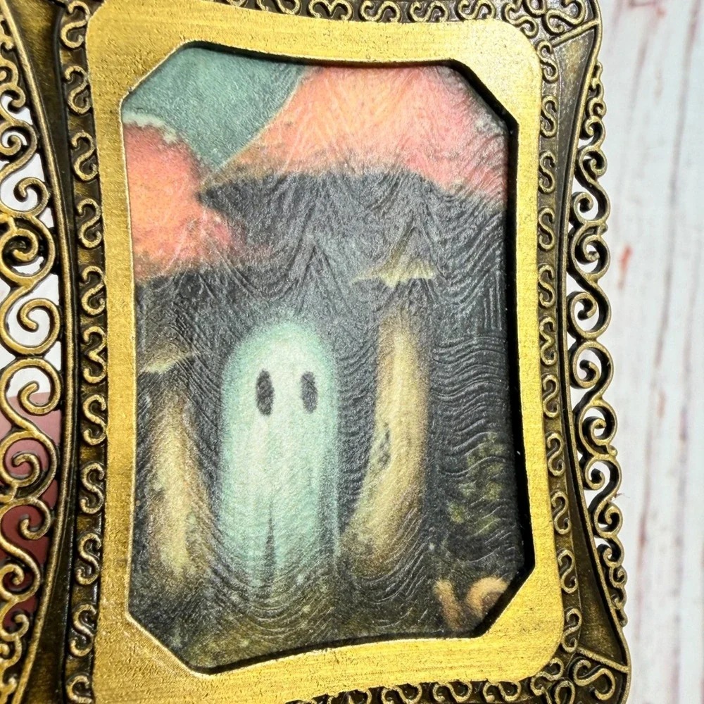 Mini Ghost Mushroom Decoupage Art Prints in Ornate Gold Tone Metal Frames Set 2